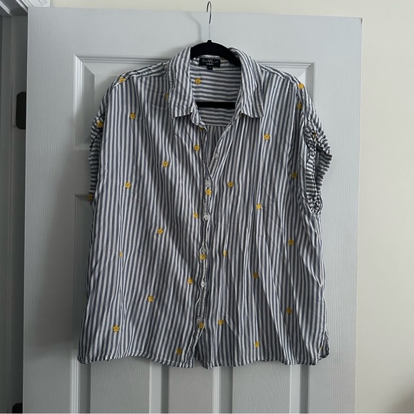 Size 1X Velvet Heart Women’s Blue Stripe Floral Button Top 80s - Picture 2 of 5